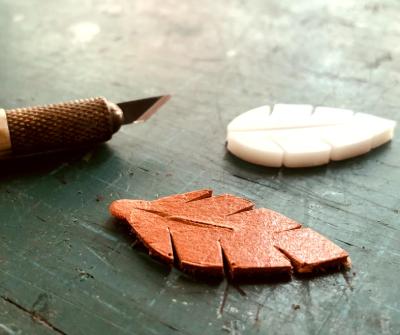leather leaf earrings cutting leaves and midrib